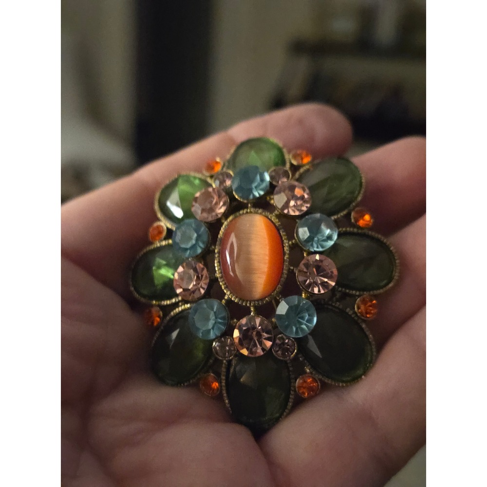 Domed Cabachon Rhinestone Goldtone Brooch Orange Green Pink Vintage Unsigned